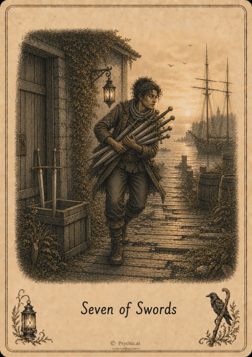 Seven of Swords tarot card illustration